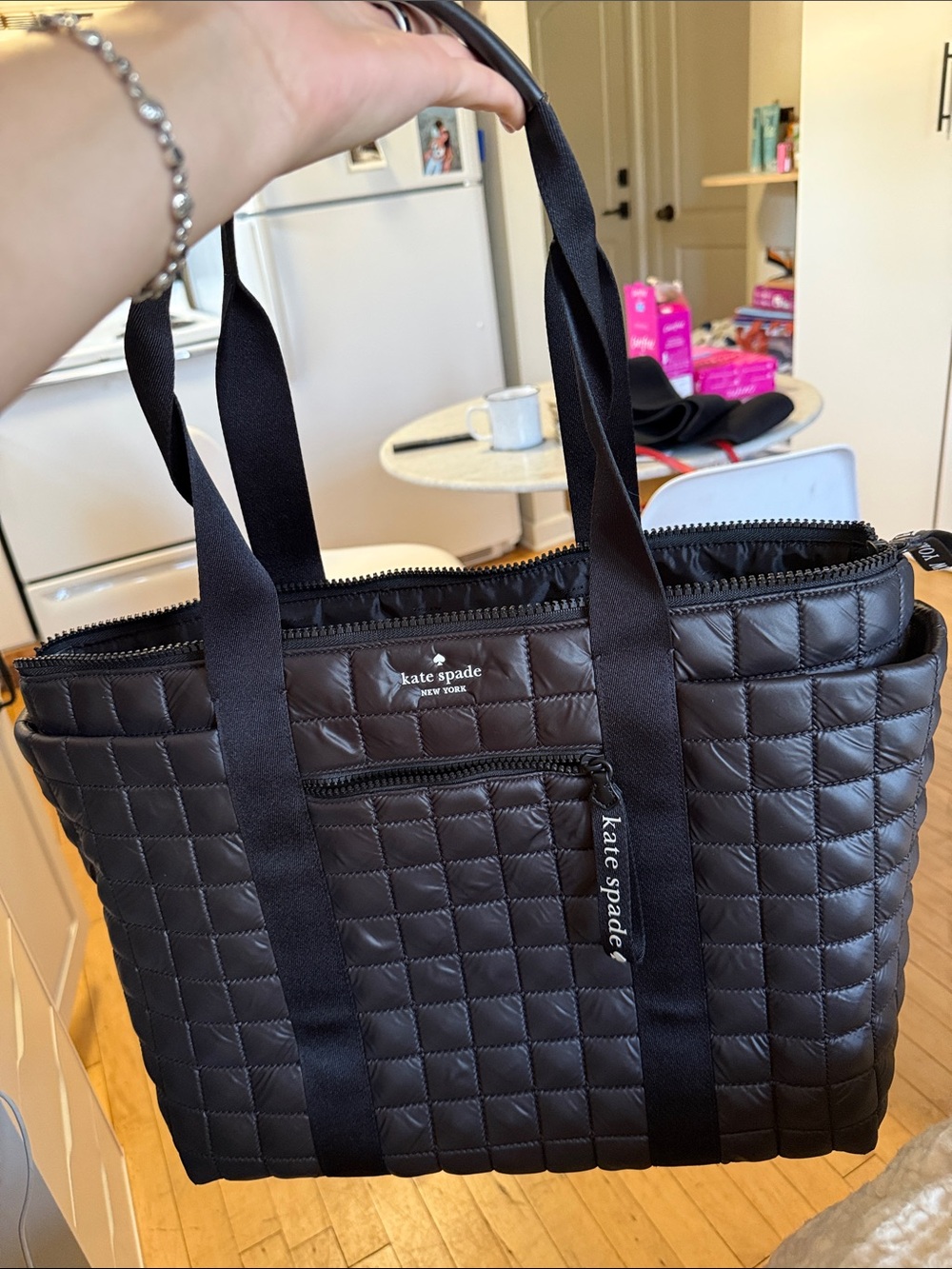 kate spade Black Quilted Tote with Ribbon Handles
